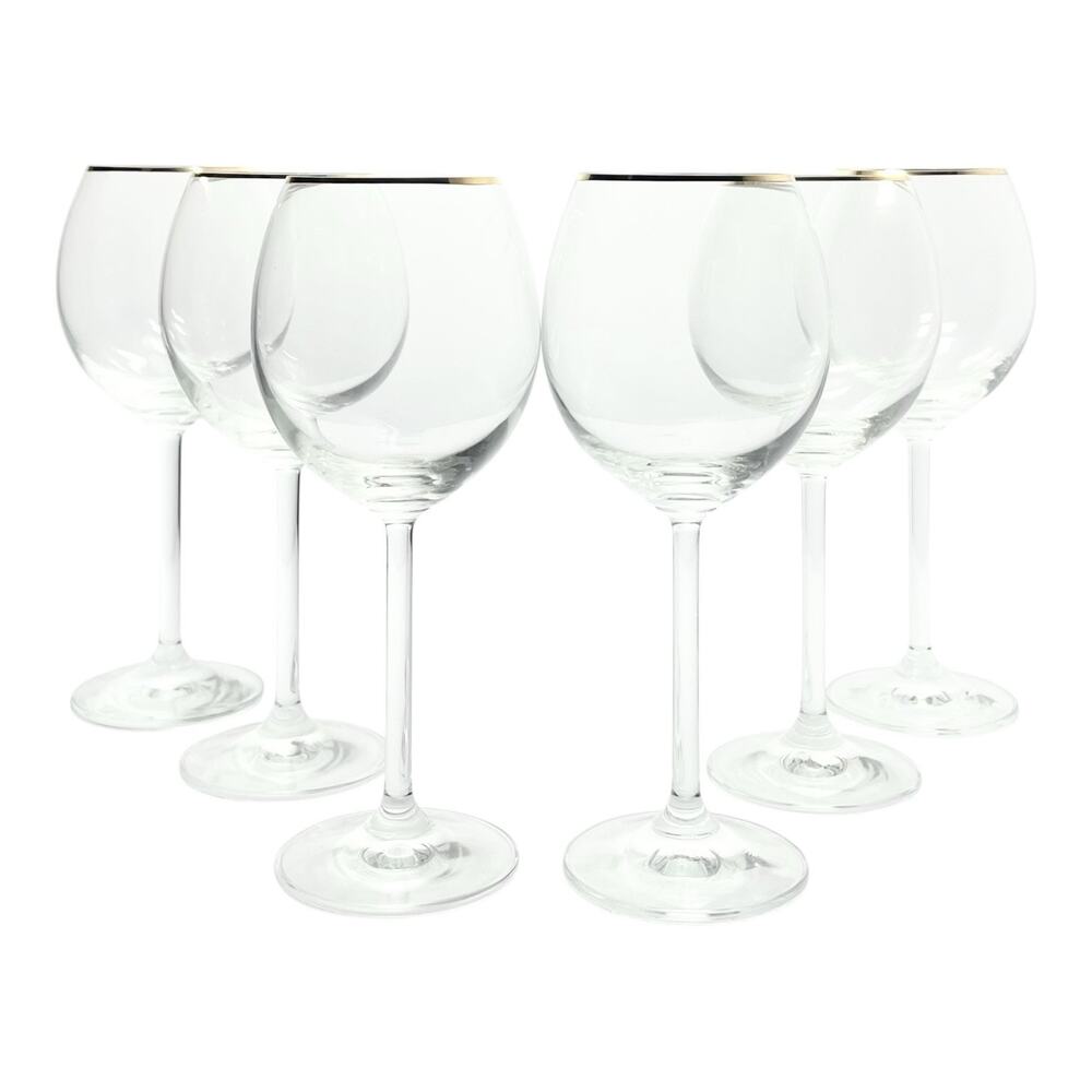 1990s Vintage Set of 6 Gold Rim Wine Glasses 8 1/2” 12oz Contemporary Minimalist